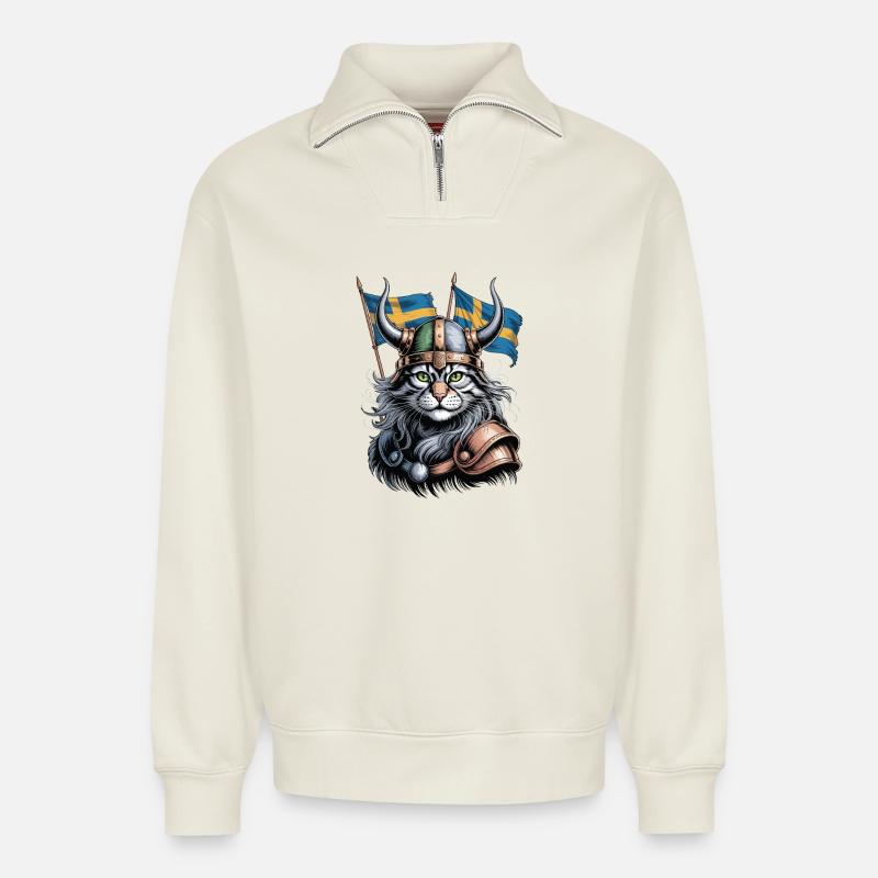 Suède Chat Viking - Sweat unisexe décontracté en coton biologique à demi-zip – de SPREAD - blanc cassé
