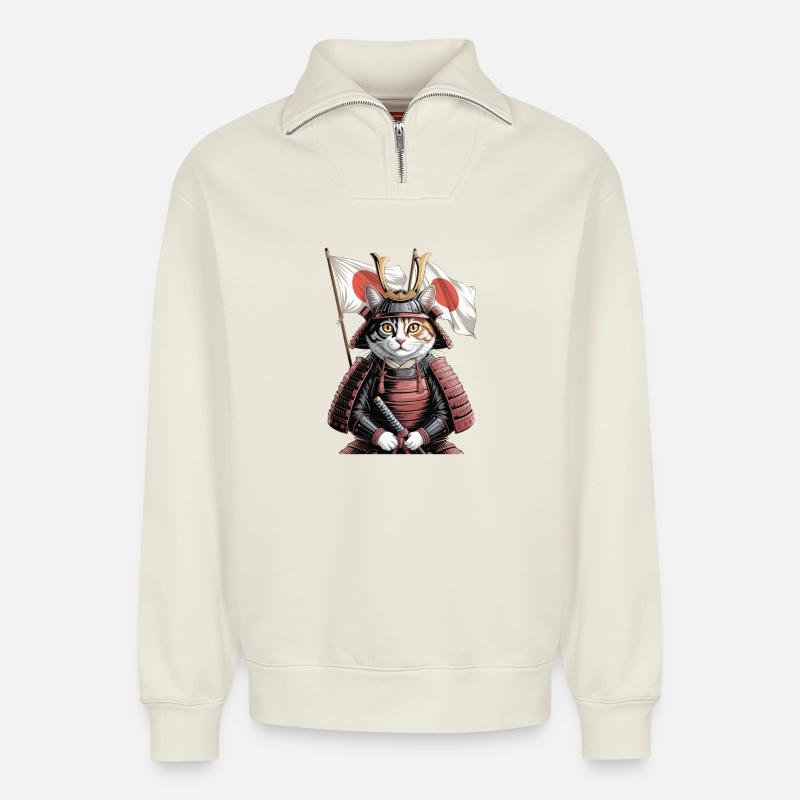 Chat Samouraï du Japon - Sweat unisexe décontracté en coton biologique à demi-zip – de SPREAD - blanc cassé