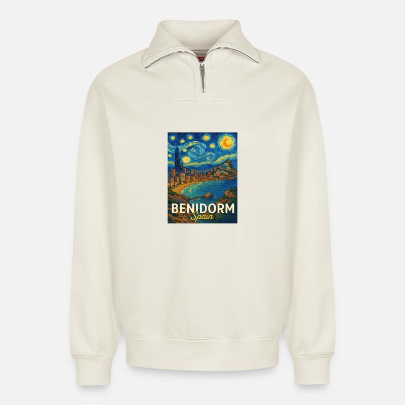 Benidorm, Spain - Relaxed Unisex Organic Half Zip Sweatshirt – by SPREAD - off white
