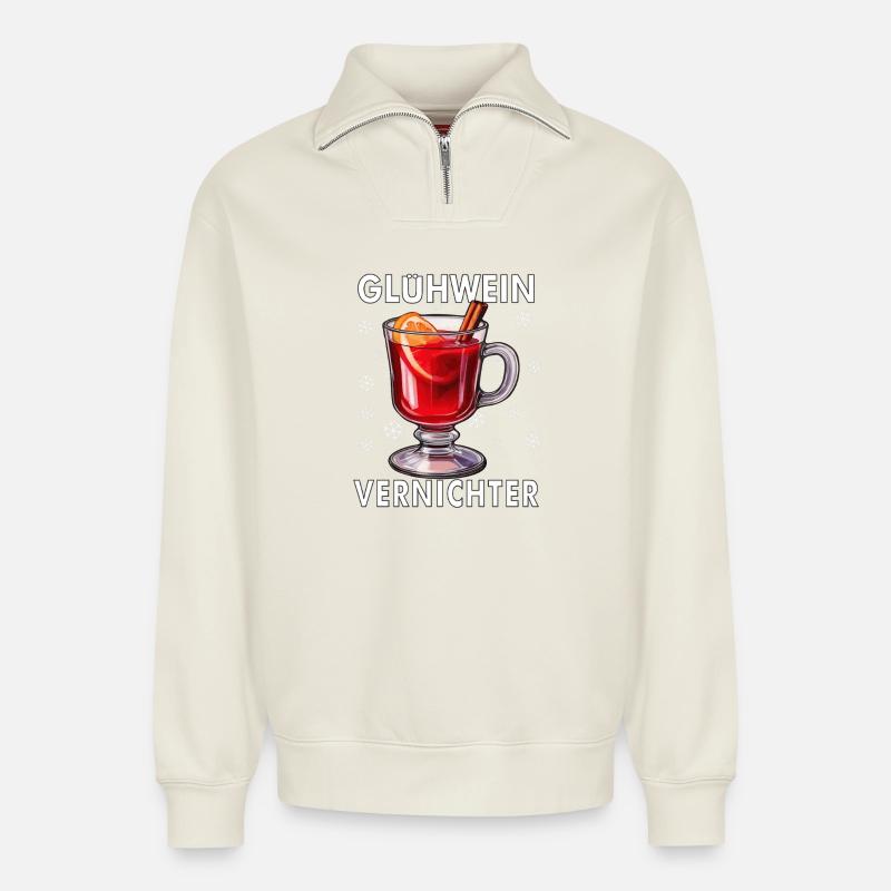 MULLED WINE DESTROYER - Relaxed Unisex Organic Half Zip Sweatshirt – by SPREAD - off white