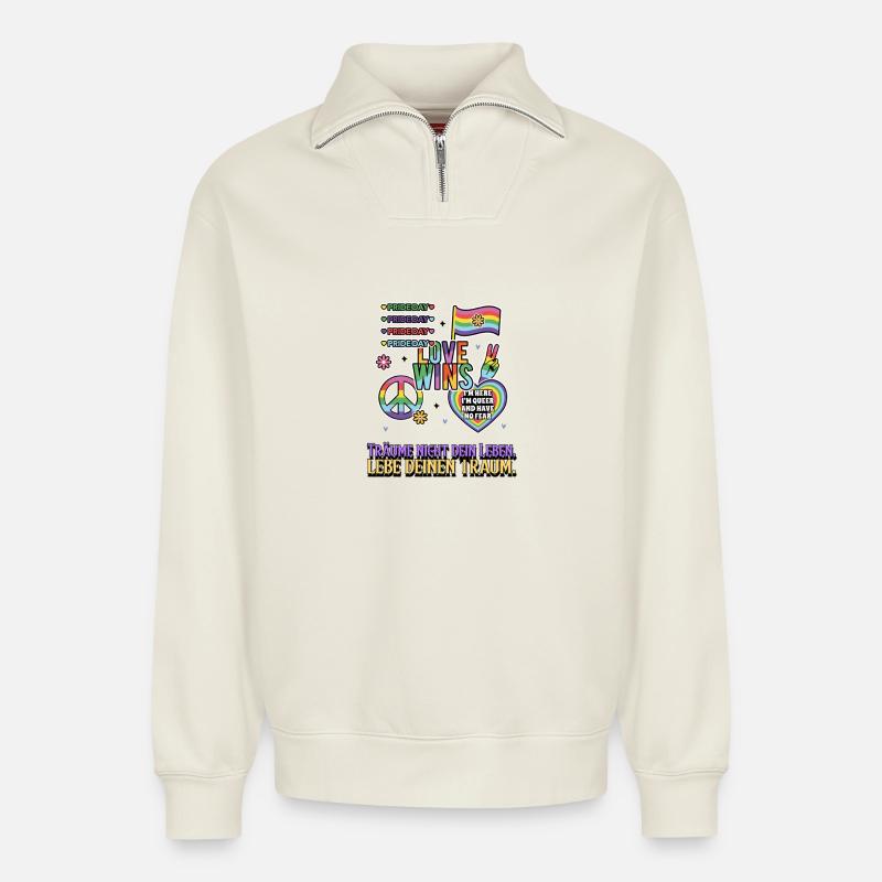 Liebe Gewinnt Pride Rainbow - Relaxed Unisex Organic Half Zip Sweatshirt – von SPREAD - Naturweiß
