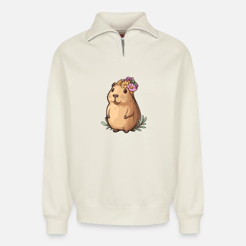 Kapibara mit Blumenkranz - Relaxed Unisex Organic Half Zip Sweatshirt – von SPREAD - Naturweiß