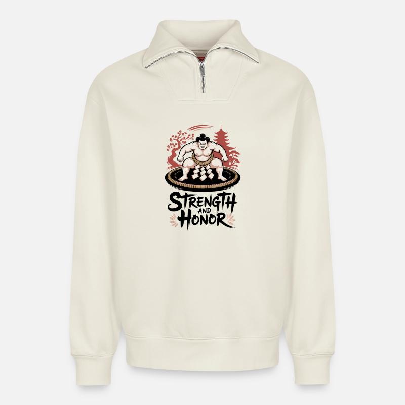 Sumo-Ring-Wächter - Relaxed Unisex Organic Half Zip Sweatshirt – von SPREAD - Naturweiß