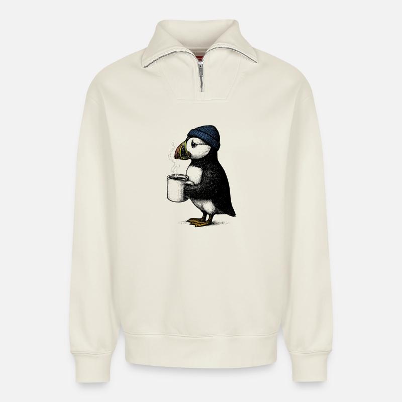 Kaffee Puffin - Relaxed Unisex Organic Half Zip Sweatshirt – von SPREAD - Naturweiß