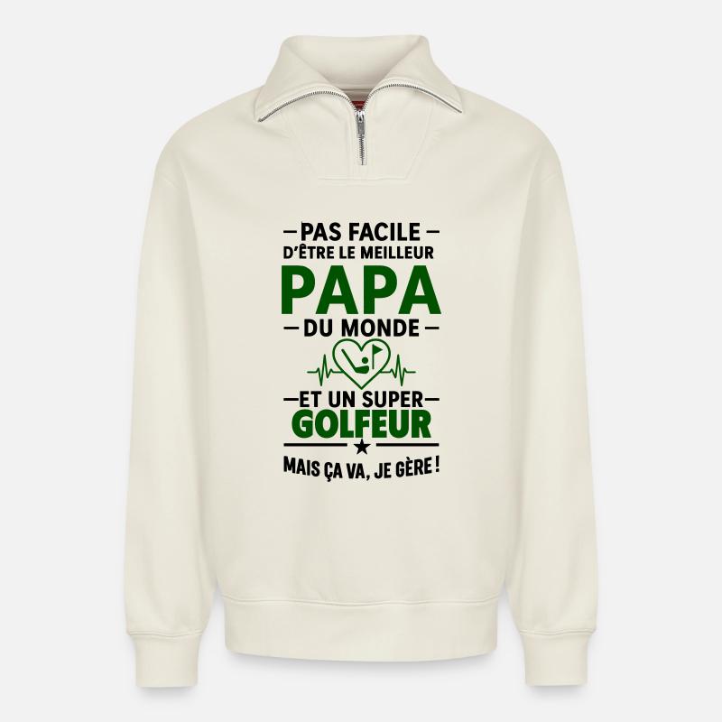 Herz + Golf – Super Papa Golfer - Relaxed Unisex Organic Half Zip Sweatshirt – von SPREAD - Naturweiß
