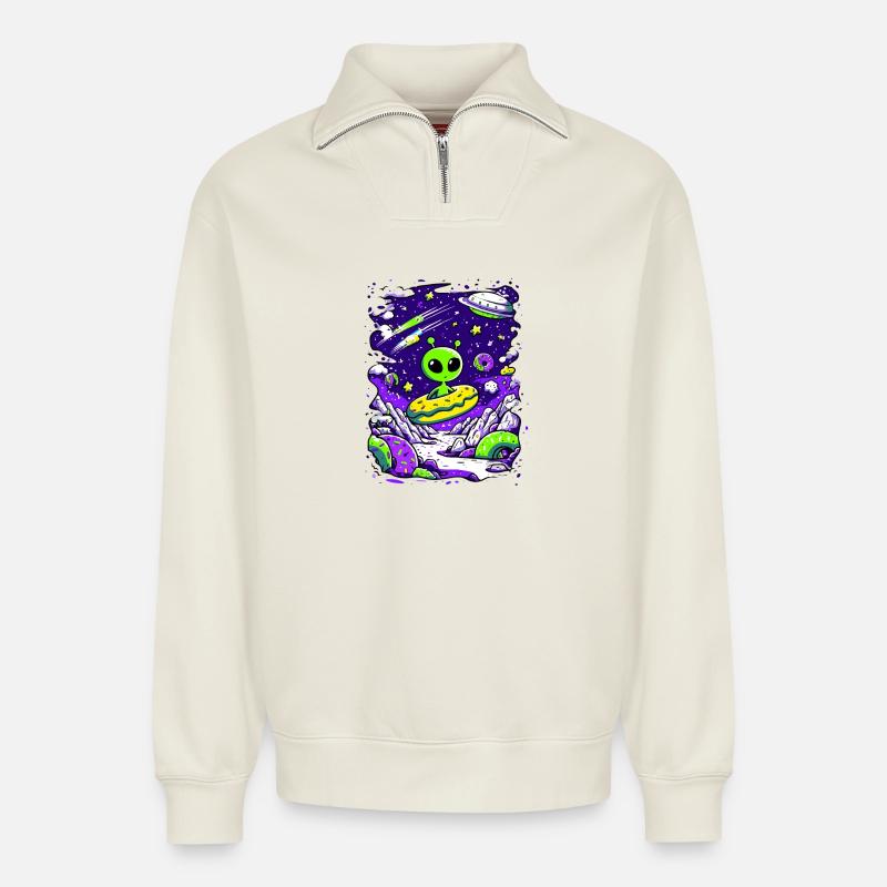 Beignet extraterrestre dans l’espace - Sweat unisexe décontracté en coton biologique à demi-zip – de SPREAD - blanc cassé