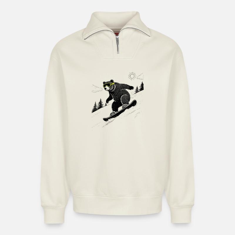 Snowboard Bär - Relaxed Unisex Organic Half Zip Sweatshirt – von SPREAD - Naturweiß