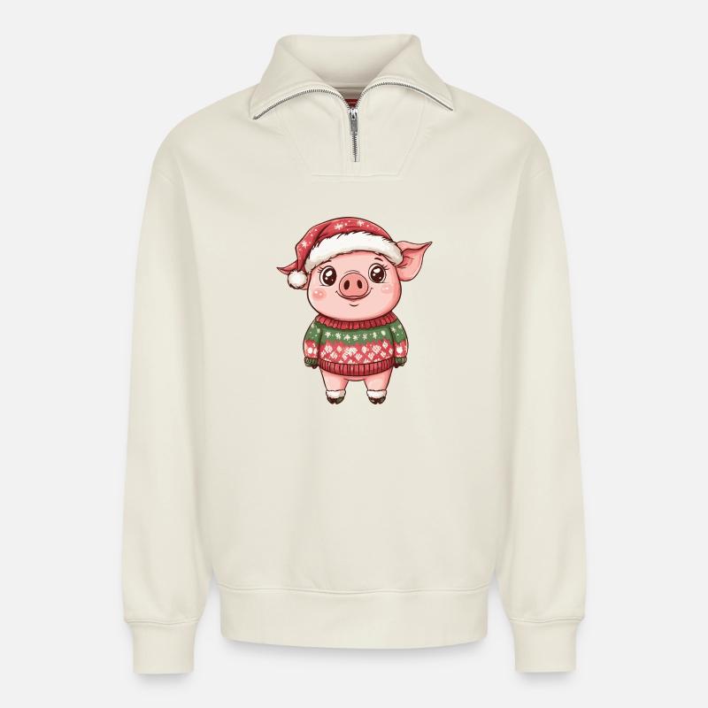 Cochon Noël Noël - Sweat unisexe décontracté en coton biologique à demi-zip – de SPREAD - blanc cassé