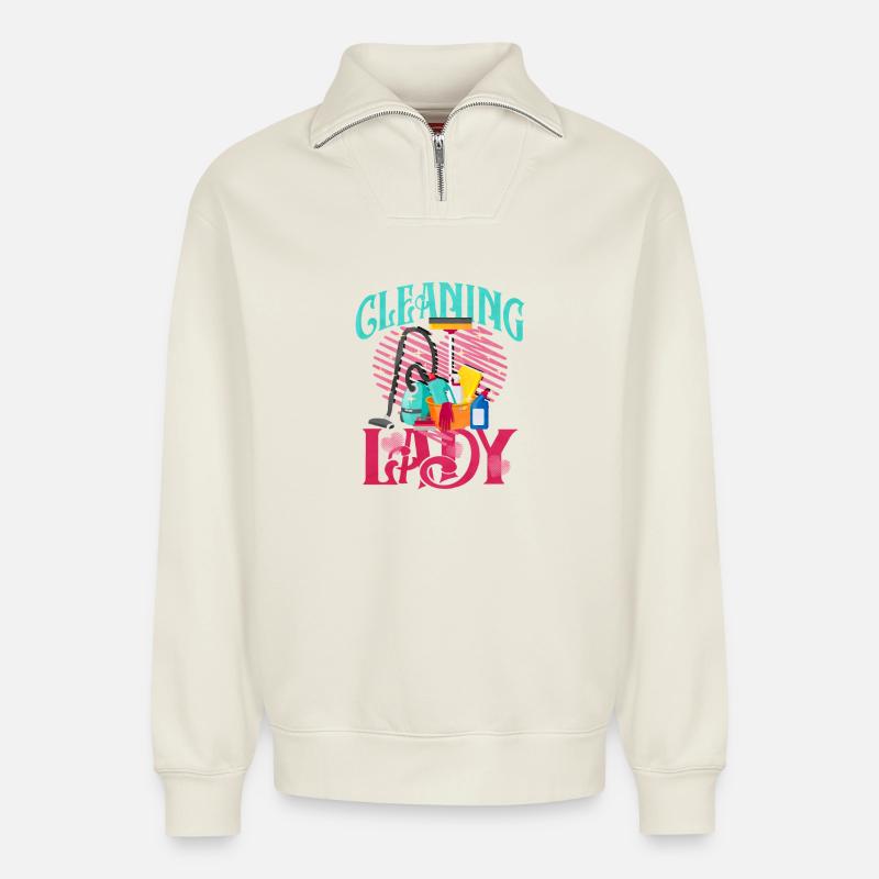 Putzheldin Retro Motiv Reinigung - Relaxed Unisex Organic Half Zip Sweatshirt – von SPREAD - Naturweiß