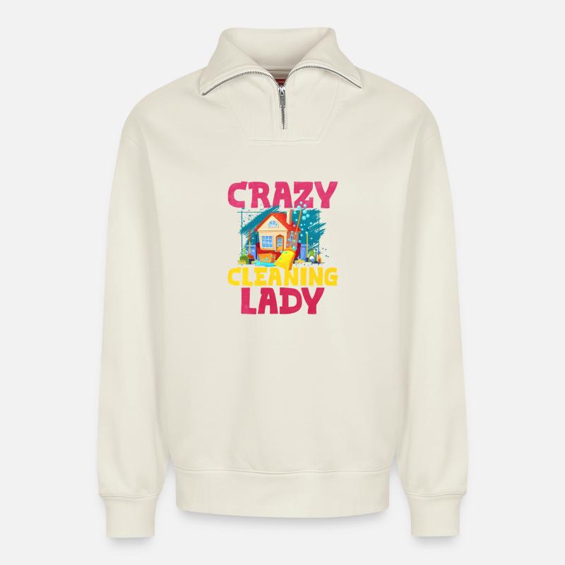 Crazy Cleaning Lady - Relaxed Unisex Organic Half Zip Sweatshirt – by SPREAD - off white