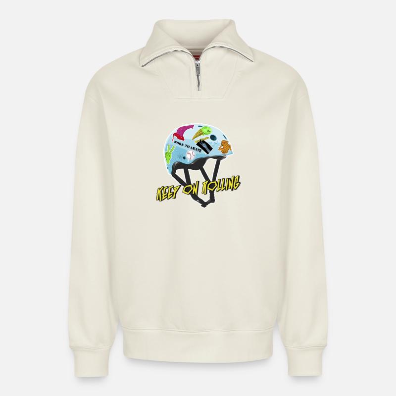Fille patineuse - Sweat unisexe décontracté en coton biologique à demi-zip – de SPREAD - blanc cassé