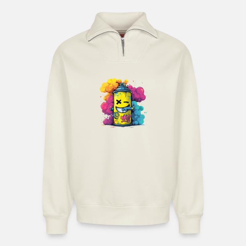 Spraykraft Gelb Graffiti Spraydosen Kunst - Relaxed Unisex Organic Half Zip Sweatshirt – von SPREAD - Naturweiß