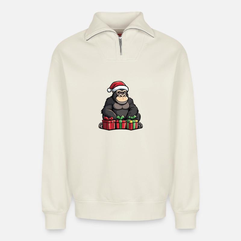 Cadeaux de Noël Gorilla - Sweat unisexe décontracté en coton biologique à demi-zip – de SPREAD - blanc cassé