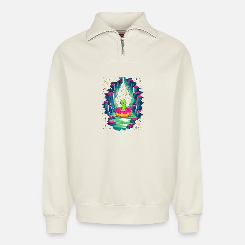 Alien Donut Cave - Relaxed Unisex Organic Half Zip Sweatshirt – by SPREAD - off white
