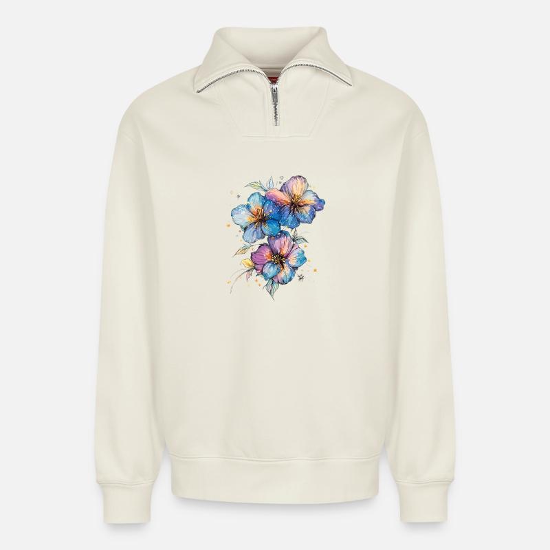 Wasserfarbene Blütenstrauß - Relaxed Unisex Organic Half Zip Sweatshirt – von SPREAD - Naturweiß
