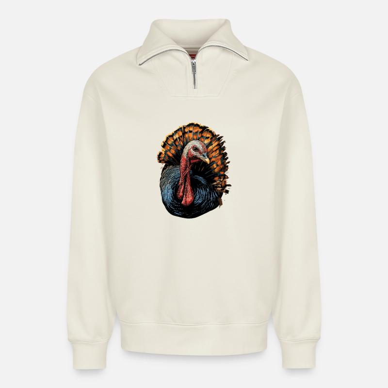 Dinde Poules Oiseaux Dinde - Sweat unisexe décontracté en coton biologique à demi-zip – de SPREAD - blanc cassé