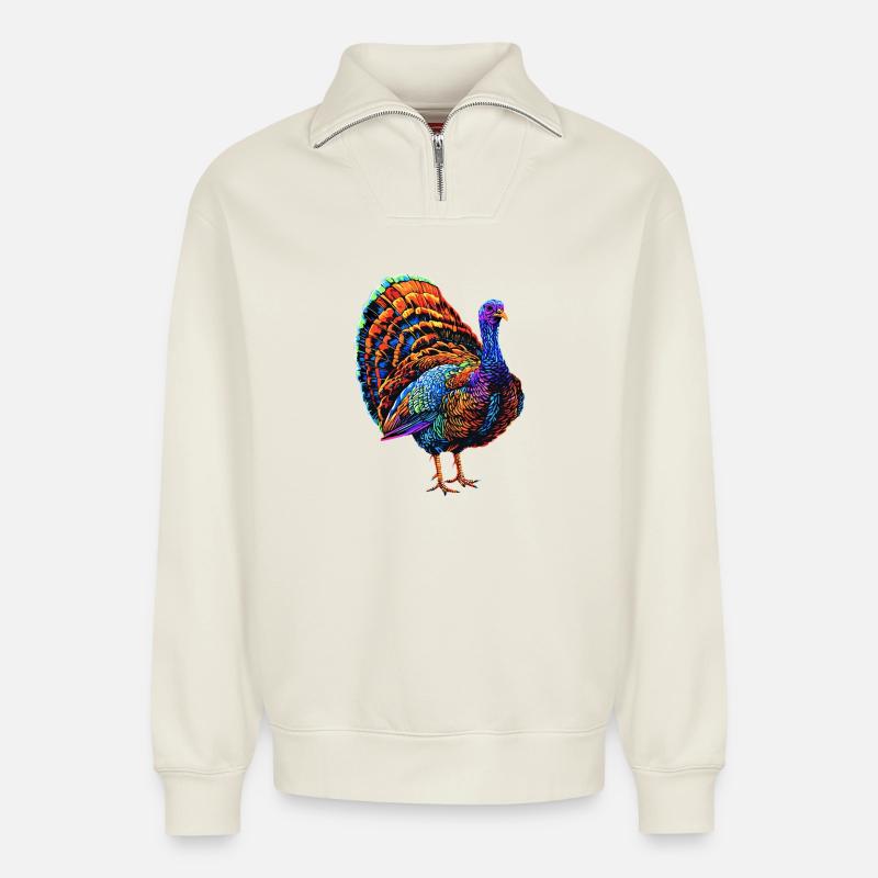 Dinde Poules Oiseaux Dinde - Sweat unisexe décontracté en coton biologique à demi-zip – de SPREAD - blanc cassé