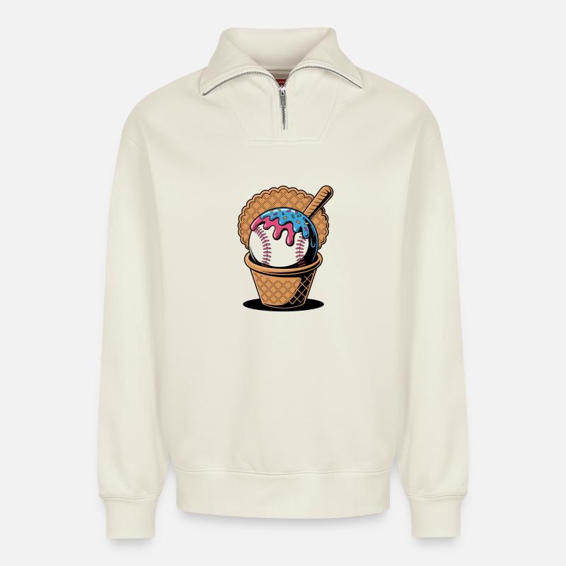 Baseball Eiscreme In Waffel Mit Schläger - Relaxed Unisex Organic Half Zip Sweatshirt – von SPREAD - Naturweiß