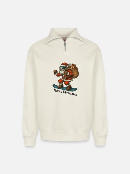 Santa Snowboard Merry Christmas - Relaxed Unisex Organic Half Zip Sweatshirt – by SPREAD - off white