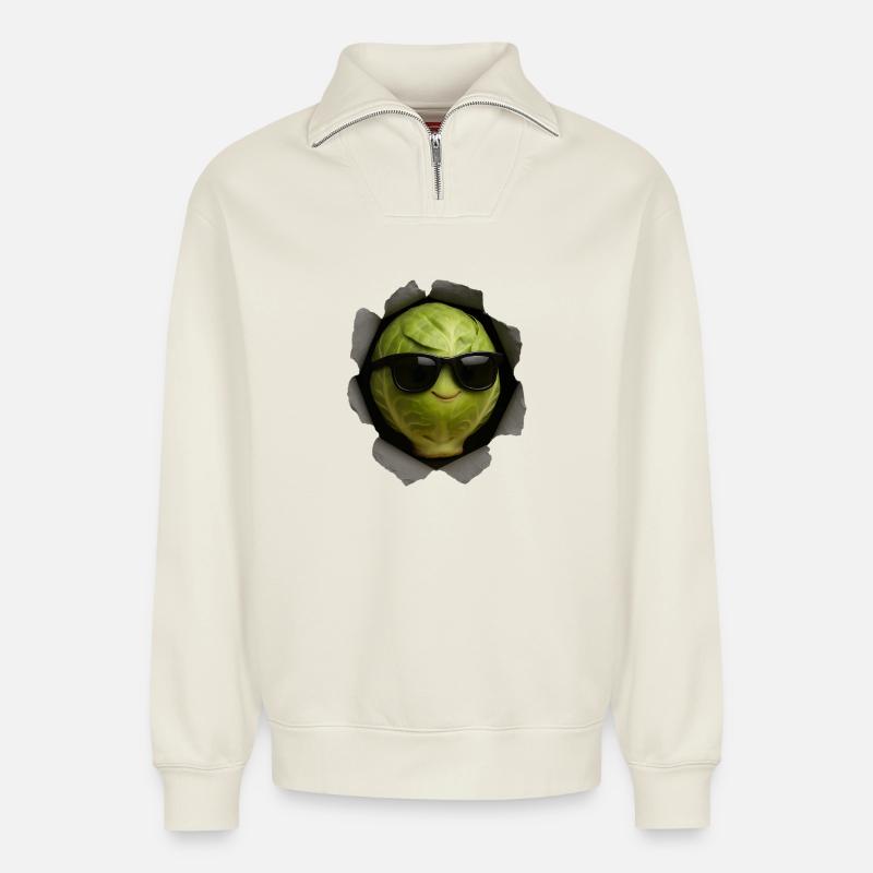 Brussels sprouts - Relaxed Unisex Organic Half Zip Sweatshirt – by SPREAD - off white