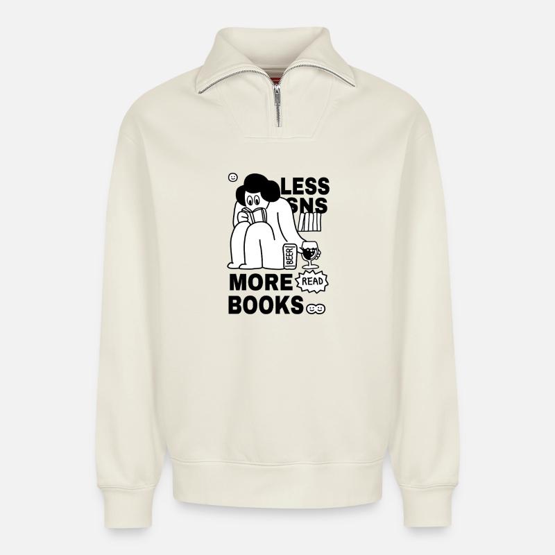  Bücher Lesen Design - Relaxed Unisex Organic Half Zip Sweatshirt – von SPREAD - Naturweiß