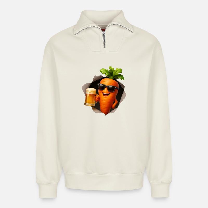 Kernkarotte mit Bier und Sonnenbrille - Relaxed Unisex Organic Half Zip Sweatshirt – von SPREAD - Naturweiß
