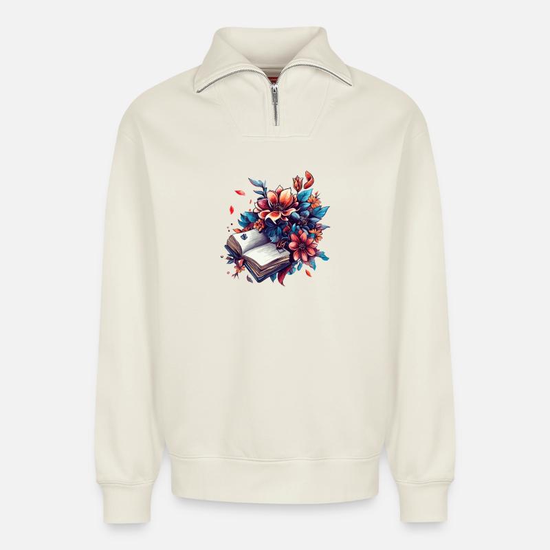 Blütenlese Buchzauber - Relaxed Unisex Organic Half Zip Sweatshirt – von SPREAD - Naturweiß