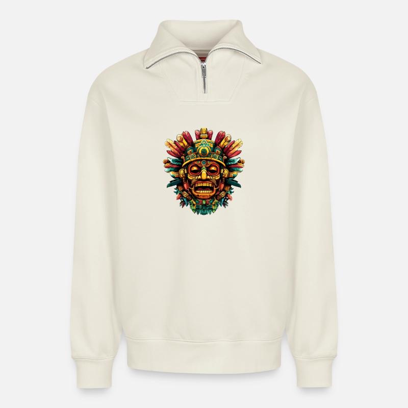 Aztekische Federmaske Farbexplosion - Relaxed Unisex Organic Half Zip Sweatshirt – von SPREAD - Naturweiß