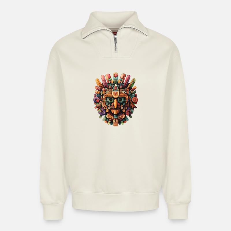 Bunte Aztekenmaske Farbexplosion - Relaxed Unisex Organic Half Zip Sweatshirt – von SPREAD - Naturweiß