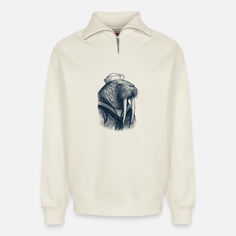 Capitaine morse - Sweat unisexe décontracté en coton biologique à demi-zip – de SPREAD - blanc cassé