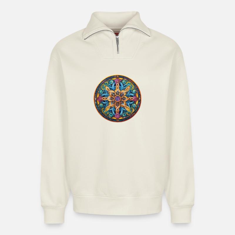 Mandala Feuerstern - Relaxed Unisex Organic Half Zip Sweatshirt – von SPREAD - Naturweiß