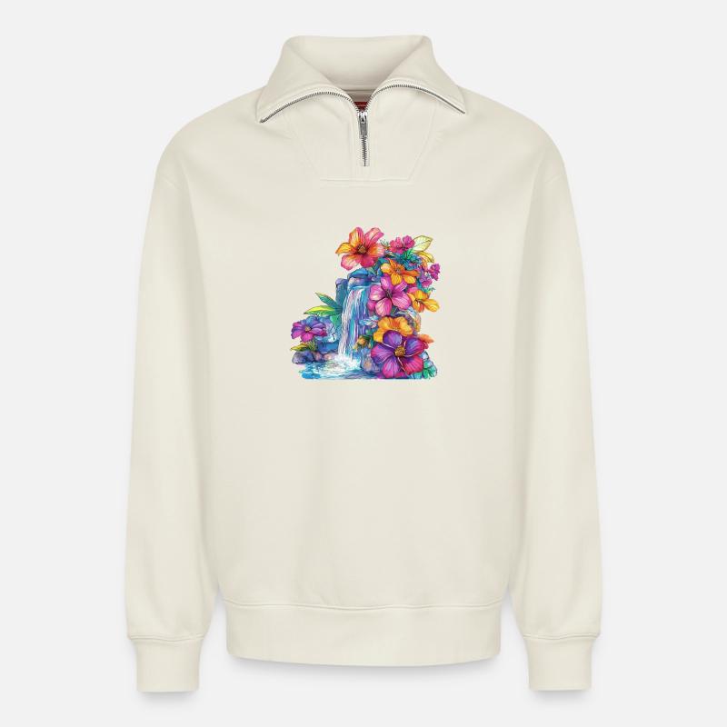Blütenkaskade am Wasserfall - Relaxed Unisex Organic Half Zip Sweatshirt – von SPREAD - Naturweiß