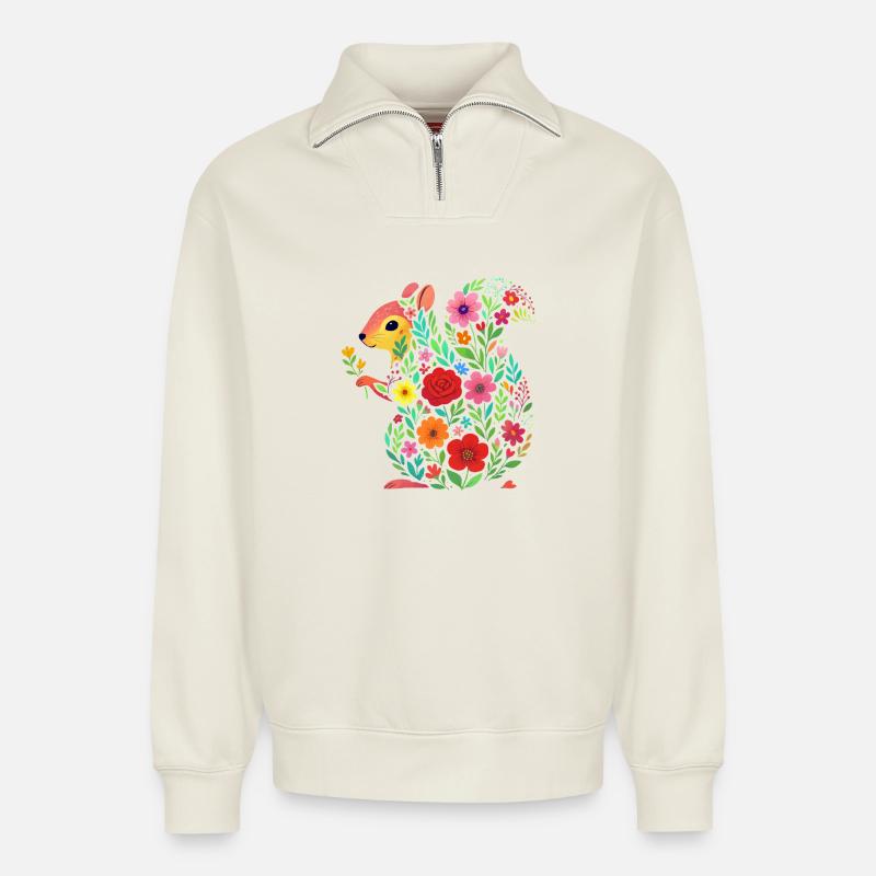 Écureuil - Sweat unisexe décontracté en coton biologique à demi-zip – de SPREAD - blanc cassé