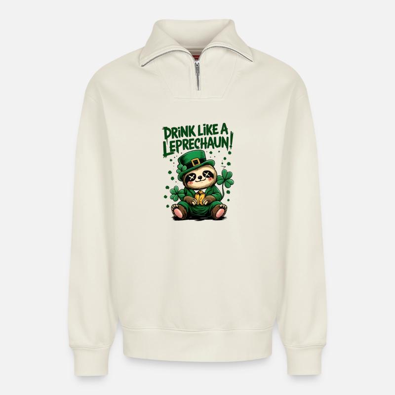 Faultier Leprechaun St. Patrick's Day Design - Relaxed Unisex Organic Half Zip Sweatshirt – von SPREAD - Naturweiß