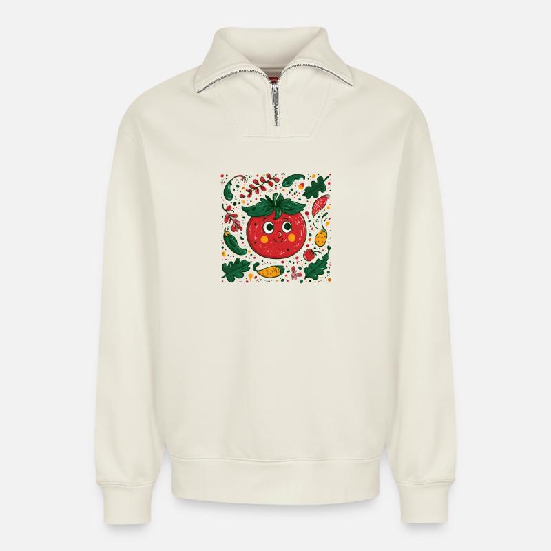 Cheerful tomato in garden design - Relaxed Unisex Organic Half Zip Sweatshirt – by SPREAD - off white