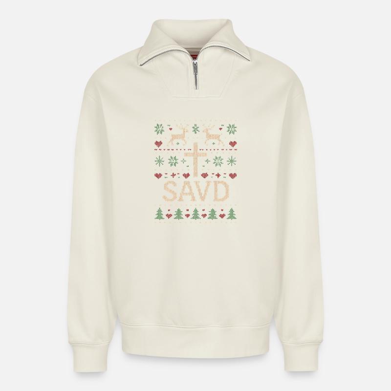 Weihnachtspullover gerettet Christlicher Glaube Je - Relaxed Unisex Organic Half Zip Sweatshirt – von SPREAD - Naturweiß