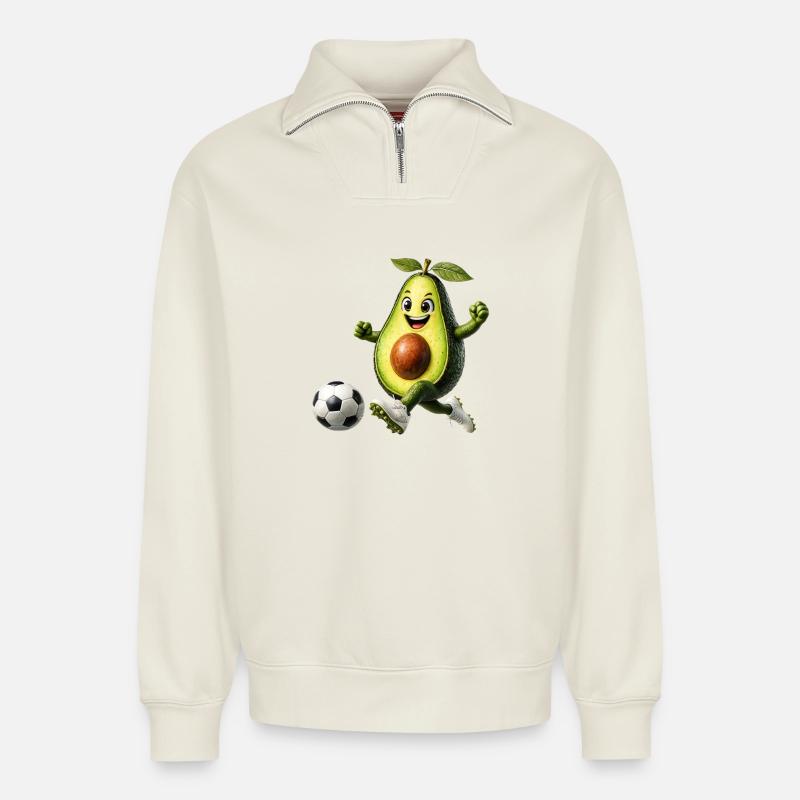Avocado Fußball - Relaxed Unisex Organic Half Zip Sweatshirt – von SPREAD - Naturweiß
