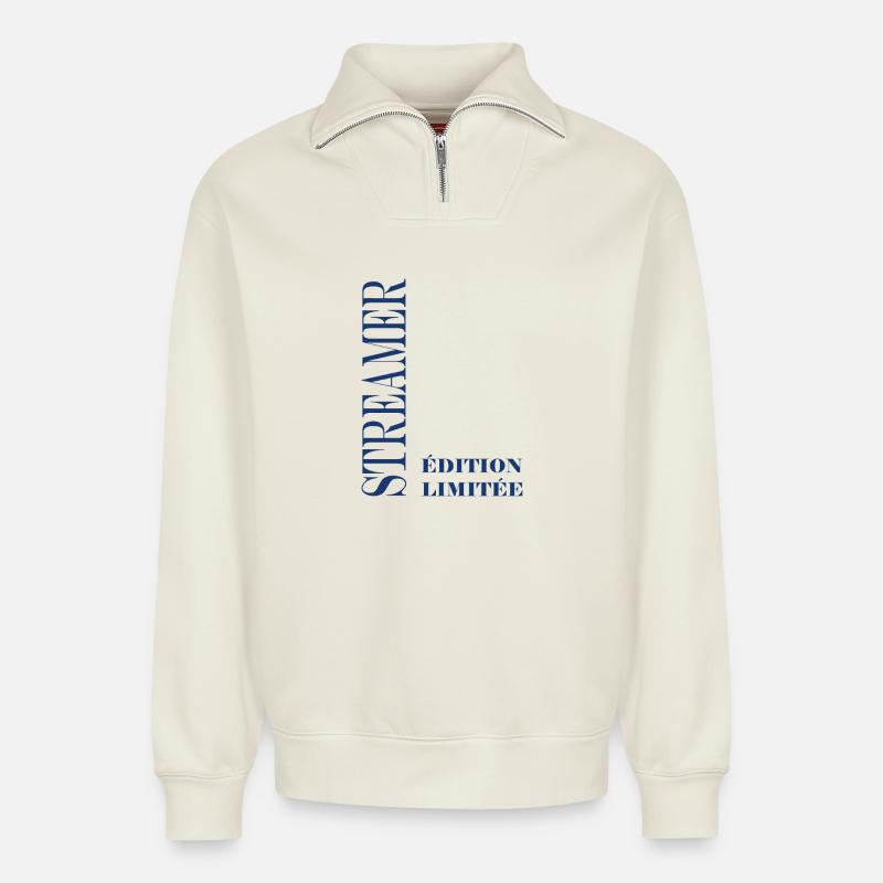 Limitierte Edition Blue Serif Streamer - Relaxed Unisex Organic Half Zip Sweatshirt – von SPREAD - Naturweiß