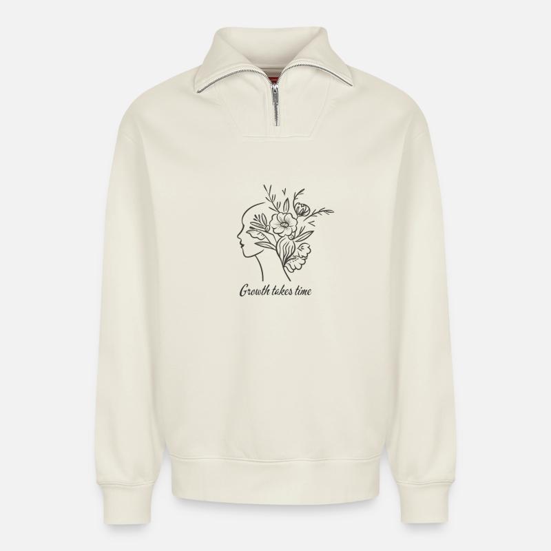 Floral Brain Line Art - Growth - Relaxed Unisex Organic Half Zip Sweatshirt – von SPREAD - Naturweiß