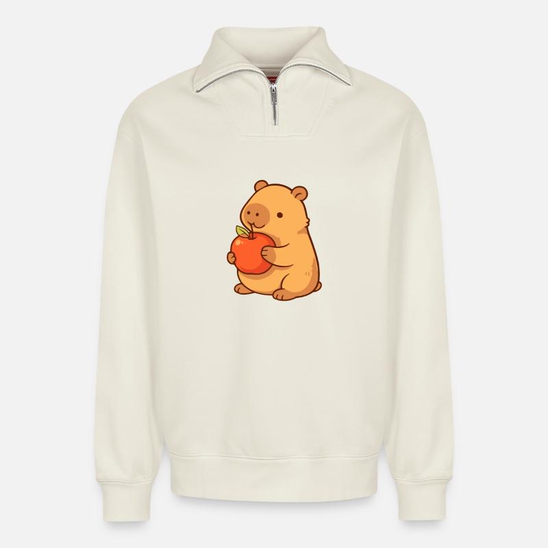 Capybara illustration with apple - Relaxed Unisex Organic Half Zip Sweatshirt – by SPREAD - off white