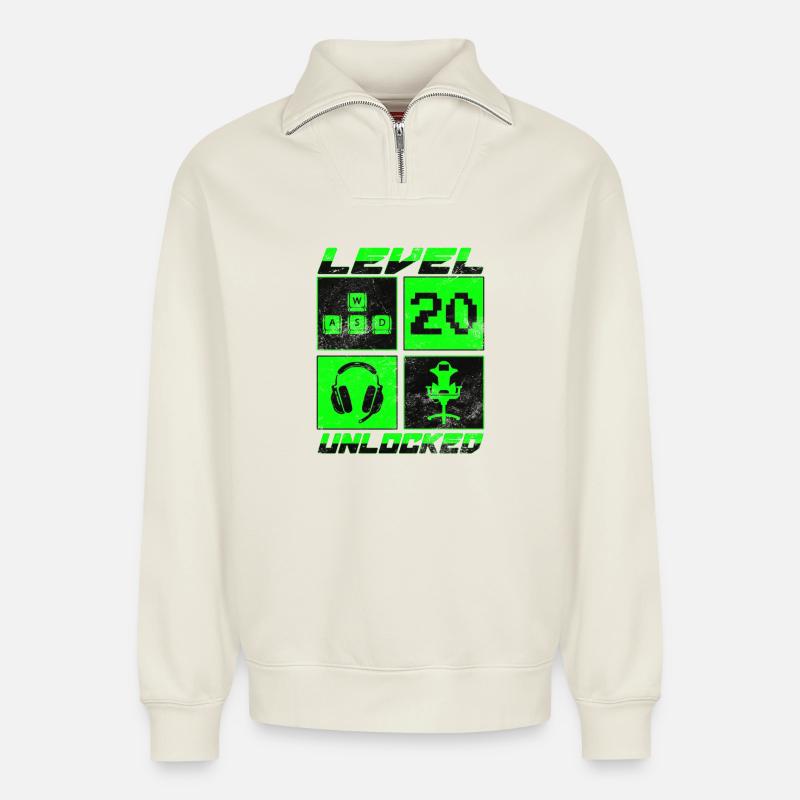Niveau 20 débloqué - Sweat unisexe décontracté en coton biologique à demi-zip – de SPREAD - blanc cassé
