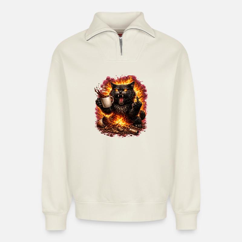 Feuerkatze Kaffee-Trotz - Relaxed Unisex Organic Half Zip Sweatshirt – von SPREAD - Naturweiß