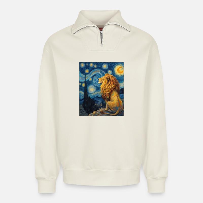 Lion Van Gogh - Sweat unisexe décontracté en coton biologique à demi-zip – de SPREAD - blanc cassé