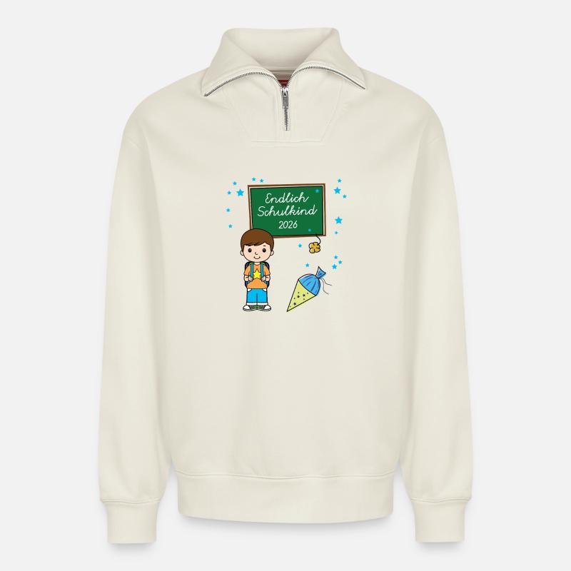 Endlich Schulkind 2026 Einschulung Schule Anfang - Relaxed Unisex Organic Half Zip Sweatshirt – von SPREAD - Naturweiß