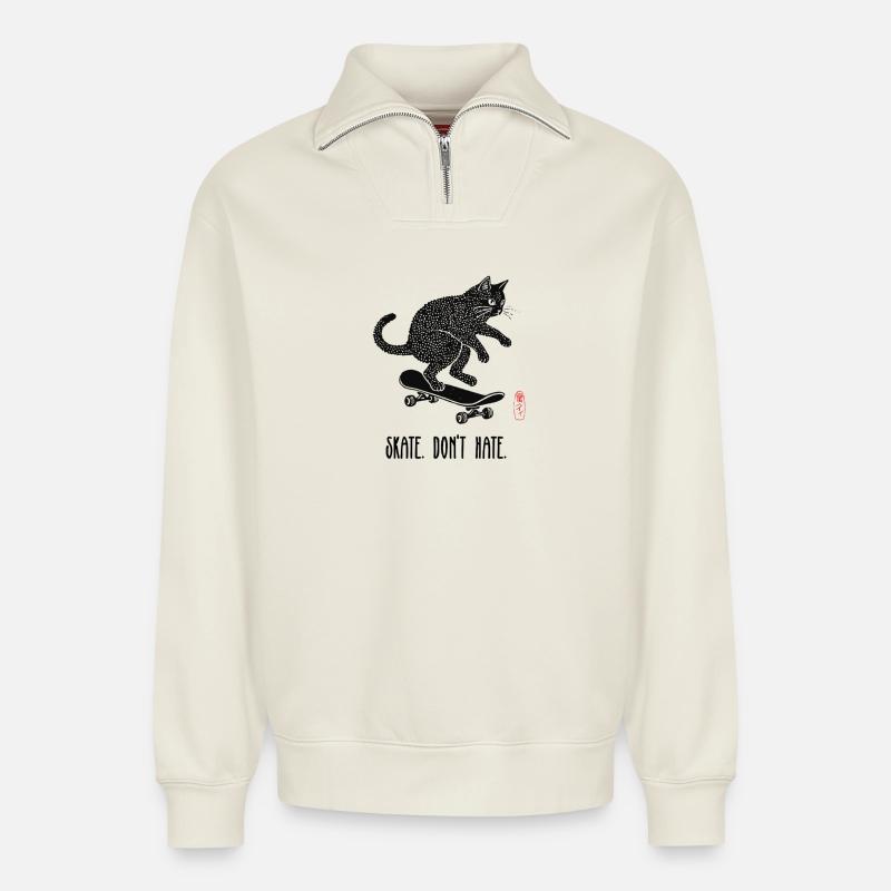 Skate, Don't Hate Kätzchen - Relaxed Unisex Organic Half Zip Sweatshirt – von SPREAD - Naturweiß