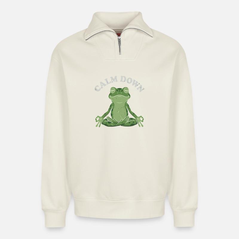 Little Toad Meditation Pose - Relaxed Unisex Organic Half Zip Sweatshirt – by SPREAD - off white