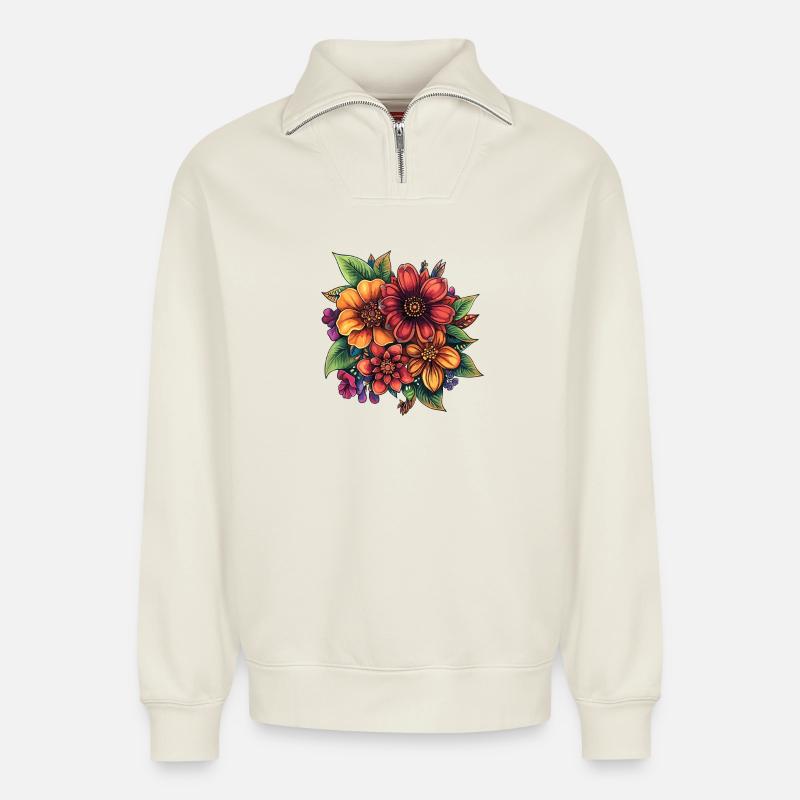 Bunte Blütenpracht Florale Komposition - Relaxed Unisex Organic Half Zip Sweatshirt – von SPREAD - Naturweiß