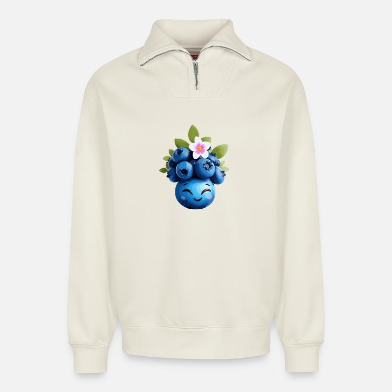 Blaubeer Lächelkranz - Relaxed Unisex Organic Half Zip Sweatshirt – von SPREAD - Naturweiß
