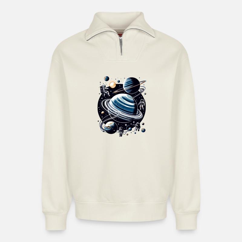 Ringed planet orbit: Astronauts - Relaxed Unisex Organic Half Zip Sweatshirt – by SPREAD - off white