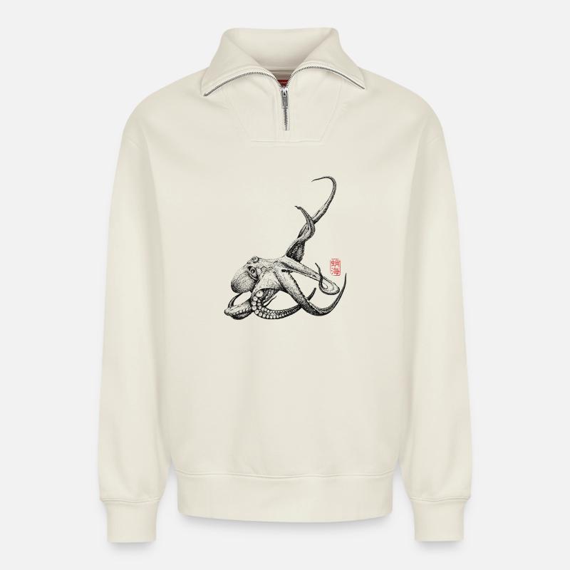Krake mit Kanji Stamp - Relaxed Unisex Organic Half Zip Sweatshirt – von SPREAD - Naturweiß